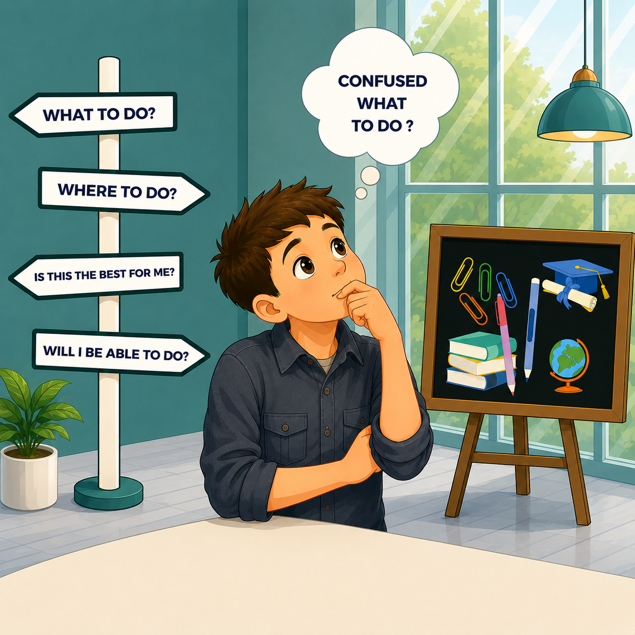 Illustration of a student confused about which career path to take, thinking "what to do?"