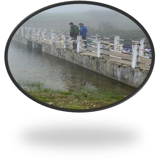 Two people looking out over a misty bridge across a lake
